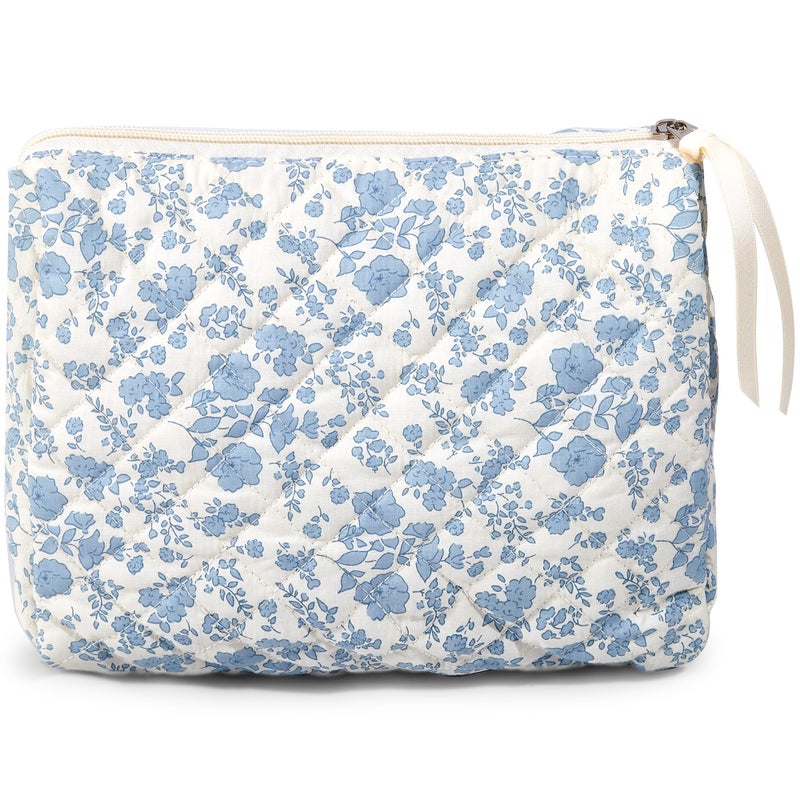 Sminra Makeup Bag Large Travel Quilted Cosmetic Makeup Bag Organizer  Cute Floral Cotton Coquette Aesthetic Toiletry Bag for Women Girls (Blue Floral) - Image 1